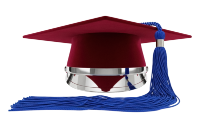 Maroon graduation cap with blue tassel isolated PNG, academic mortarboard for graduation ceremony and educational achievement