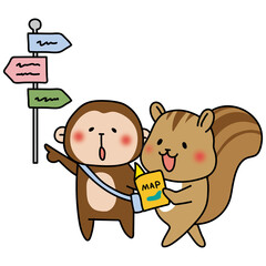 マップを見ながら観光する猿とリス