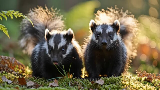 Two badger cubs amid green moss and golden sunlight
