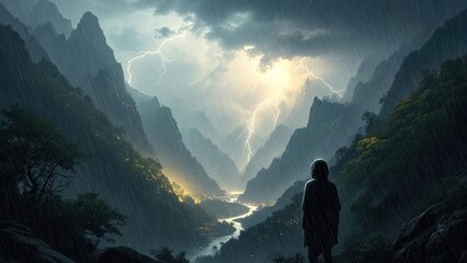 Lone figure watches dramatic lightning storm and heavy rain over a majestic mountain valley. Powerful nature landscape.