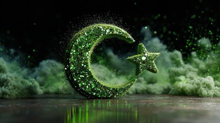 A waving green flag featuring a white crescent and star, symbolizing a nation