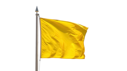 Yellow flag waving on flagpole isolated PNG, warning signal for beach safety and weather conditions on transparent background