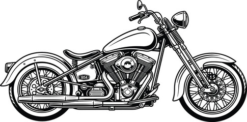 Classic motorcycle vector illustration, black and white chopper bike, vintage transport sketch, isolated engine design, custom cruiser drawing, retro ride. © sirat