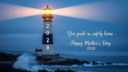 Lighthouse Beacon Shining for Mother's Day 2028: Coastal Hope, Ocean Waves, Blue Light