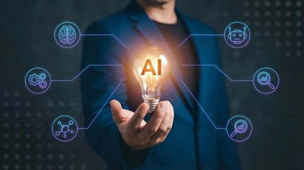 Businessman holding a glowing light bulb with AI text surrounded by technology icons symbolizing artificial intelligence and innovation.