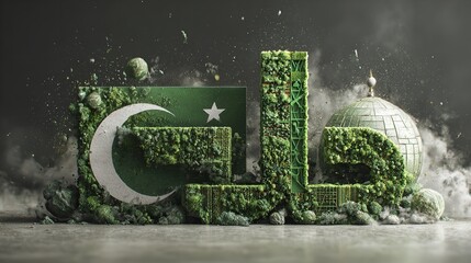 A waving green flag featuring a white crescent and star, symbolizing a nation