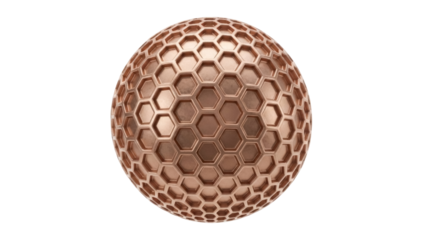 Copper sphere with honeycomb pattern isolated PNG on transparent background, futuristic design element for technology and science concepts