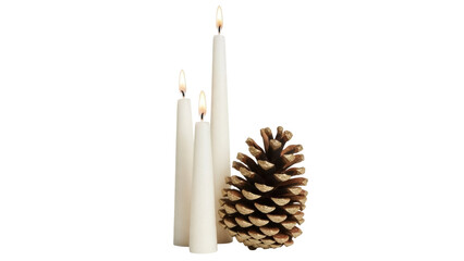 Three burning candles and a pine cone isolated PNG, festive holiday decoration on transparent background for Christmas and New Year s Eve