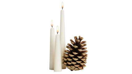 Three burning candles and a pine cone isolated PNG, festive holiday decoration on transparent background for Christmas and New Year s Eve