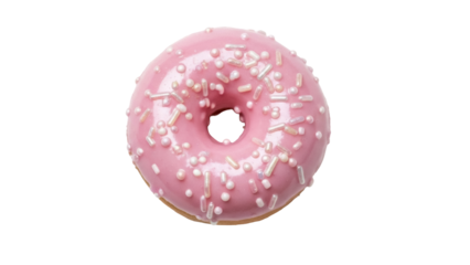 Pink glazed donut with sprinkles isolated PNG, sweet dessert treat on transparent background for bakery and confectionery designs