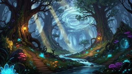 Fototapeta premium Mystical Fantasy Forest with Ancient Glowing Trees, Bioluminescent Plants, Winding River, and Ethereal Light Path