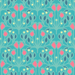 Art Nouveau Seamless Floral Pattern with Yellow Flowers on Blue Background Botanical Folk Art Vector