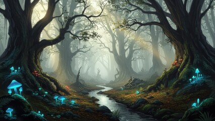 Ethereal enchanted fantasy forest with ancient trees, a mystical stream, and magical glowing blue bioluminescent mushrooms