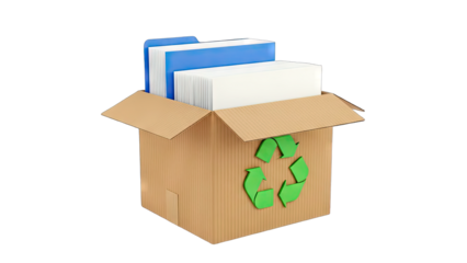 3D Cardboard box with blue and white files and recycling symbol on transparent background