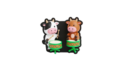 Cartoon Cows Playing Drums on Black Background
