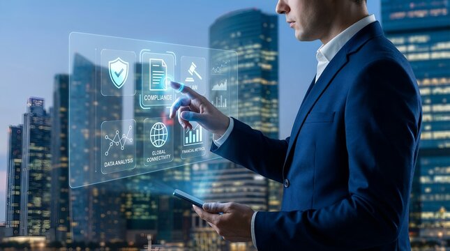 Businessman Interacting with Futuristic Holographic Interface in Modern Cityscape. - Powered by Adobe