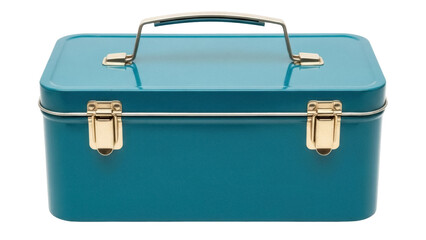 Teal metal lunch box isolated PNG on transparent background, vintage style container for food storage and carrying