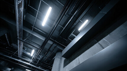 Obraz premium Industrial ceiling with lighting and visible pipes in a modern building.