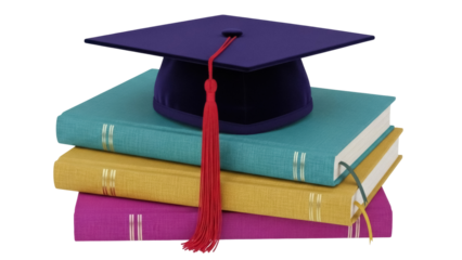 Graduation cap on stack of colorful books isolated PNG, academic achievement and educational success concept for design projects