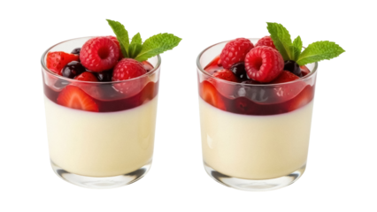 Delicious panna cotta with fresh berries and mint isolated PNG, creamy Italian dessert with raspberry and strawberry topping on transparent background