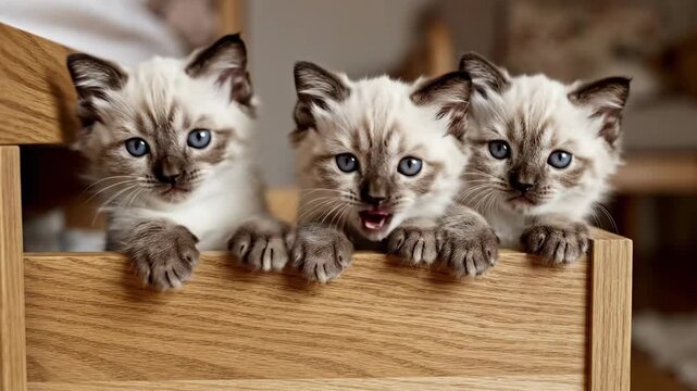 Three seal-point kittens peering from a wooden box