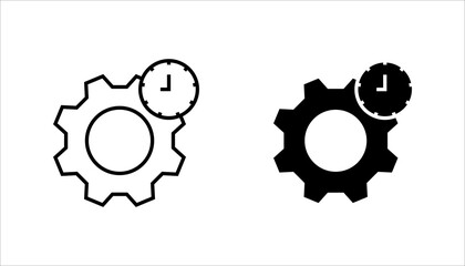 Settings Gear with Clock Line Icon set. Outline icon of a gear combined with a clock symbol, representing time management, scheduled settings, system optimization, 