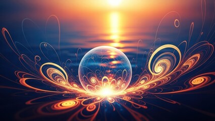 Abstract luminous sphere surrounded by intricate golden fractal designs reflecting a distant sun on a serene horizon, digital art.