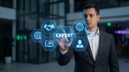 Businessman Interacting with Virtual Expert Interface and Business Icons.