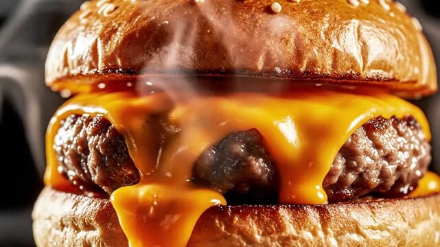 A generic cheeseburger with a smashed patty, melting cheddar cheese dripping down the side, steam rising, dark background, advertisement style.