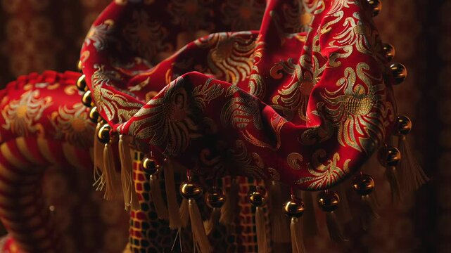 Chinese dragon dance close-up, flowing dragon fabric texture, red and gold color palette, clean composition, soft cinematic lighting
