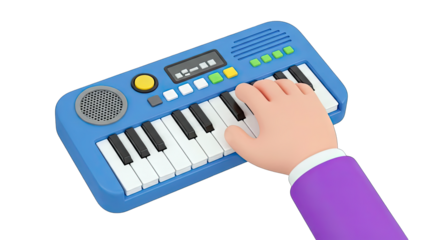 Cartoon Hand Playing Blue Keyboard on White Background