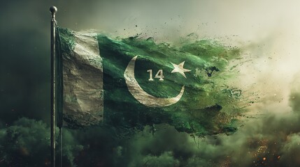 A waving green flag featuring a white crescent and star, symbolizing a nation