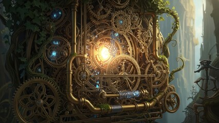 Intricate Steampunk Fantasy Machine with Glowing Light, Interwoven with Organic Jungle Vines and Ancient Gears, Mystical Mechanical Device