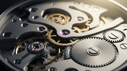 Intricate mechanical watch movement close-up, revealing precision gears, cogs, springs, and jewels, representing complex engineering and time.