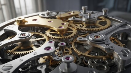 Close-up of intricate mechanical watch movement with gears, cogs, and rubies. Precision engineering and luxury timepiece details.