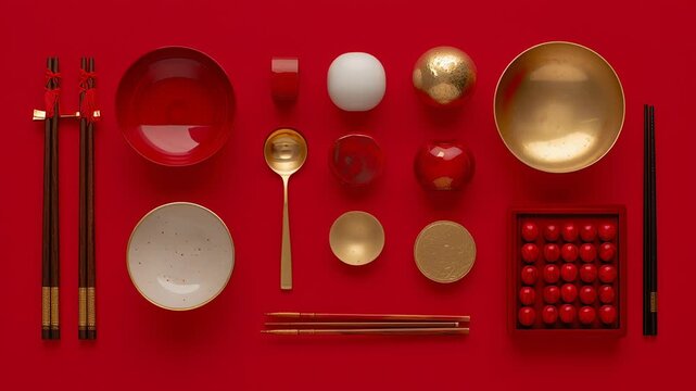 Chinese new year flat lay background, red and gold theme, minimal decorative props arranged symmetrically, high-end commercial aesthetic