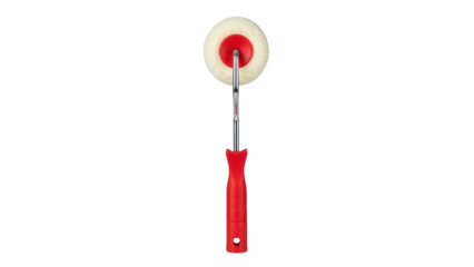 Small paint roller with red handle isolated PNG, mini painting tool for detail work on transparent background, DIY home improvement