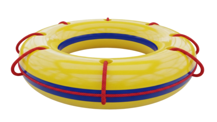 Yellow life buoy with red ropes isolated PNG, safety equipment for water rescue and emergency situations on transparent background