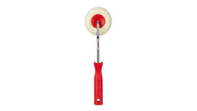 Small paint roller with red handle isolated PNG, mini painting tool for detail work on transparent background, DIY home improvement - Powered by Adobe