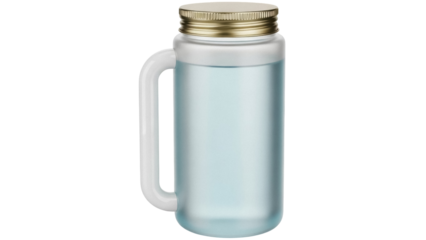 Mason jar with handle and golden lid isolated PNG, filled with light blue liquid on transparent background, drinkware for summer