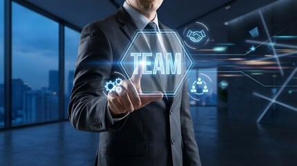 Businessman touching TEAM on a virtual screen symbolizing collaboration and business strategy.