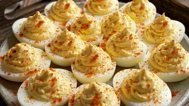 A symmetrical plate of deviled eggs with paprika garnish