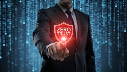 Businessman Touching Zero Trust Security Shield on Digital Background.