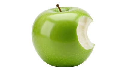 Green Granny Smith apple with a bite taken out isolated PNG, fresh fruit on transparent background for healthy eating concepts