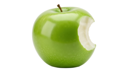 Green Granny Smith apple with a bite taken out isolated PNG, fresh fruit on transparent background for healthy eating concepts