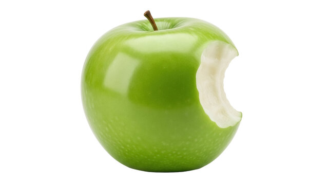 Green Granny Smith apple with a bite taken out isolated PNG, fresh fruit on transparent background for healthy eating concepts