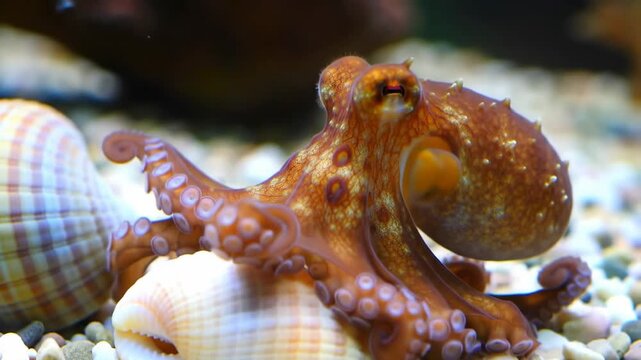 Brown octopus on a shell in aquarium with blurred background for educational or nature use