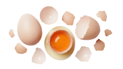 Cracked egg with yolk isolated PNG, broken eggshell pieces on transparent background, cooking ingredient for baking and breakfast