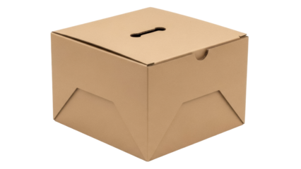 Brown cardboard box isolated PNG, square container with slot on transparent background for donations, suggestions, or storage