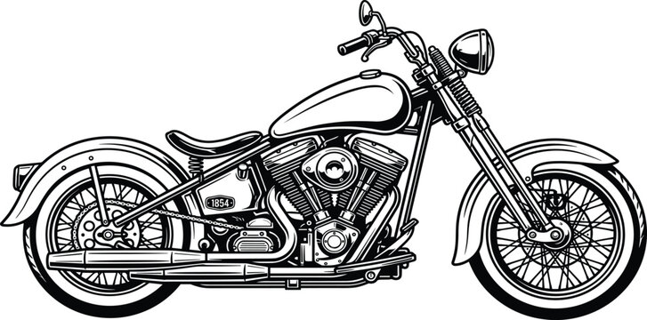 Classic motorcycle vector illustration, black and white chopper bike, vintage transport sketch, isolated engine design, custom cruiser drawing, retro ride.